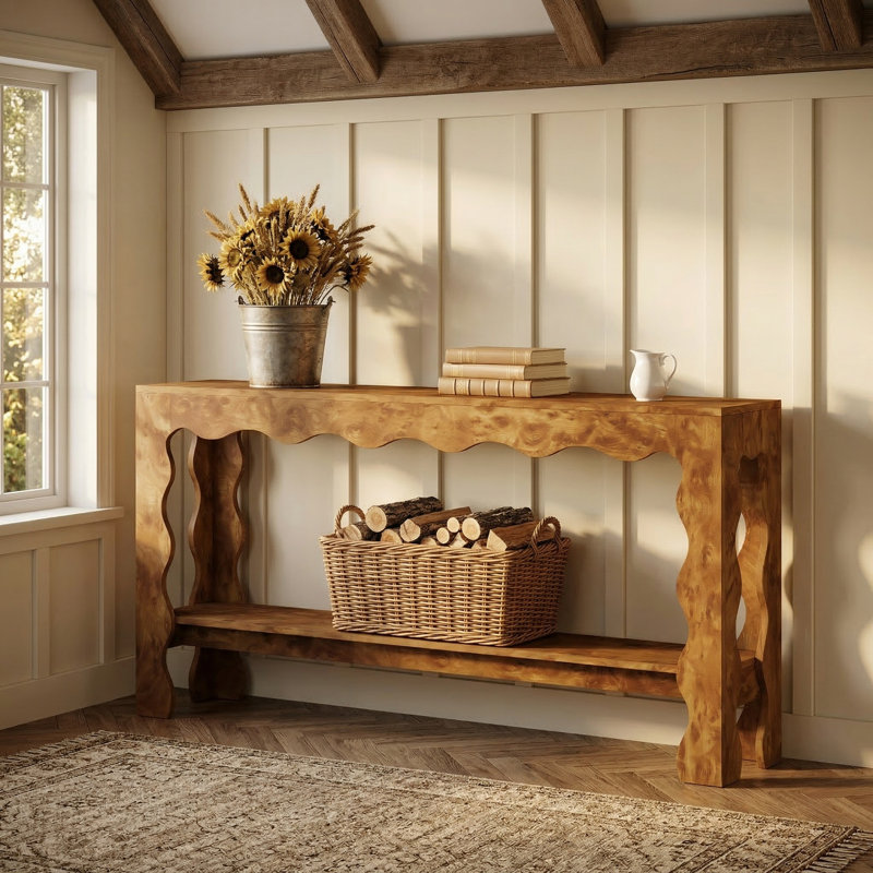 63" Narrow Long Console Table with Scalloped Edge and Storage Shelf, Entryway Table Behind Couch for Entryway & Living Room