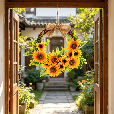 Couronne de tournesol artificielle pour porte d'entrée - décor de ferme demi-ronde de 22 po pour le printemps été et l'automne - Fleurs jaunes artificielles avec nœud en toile de jute pour l'intérieur couvert