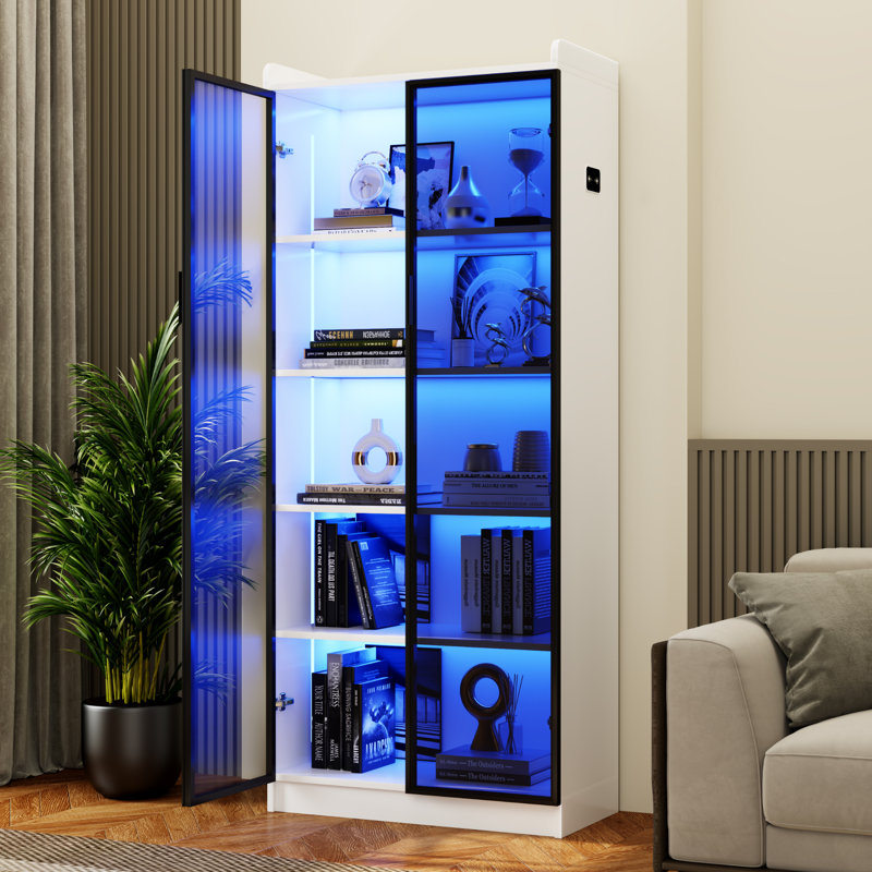 5-Tier Display Cabinet with 3 Color Led Lights and Human Sensor Function, White