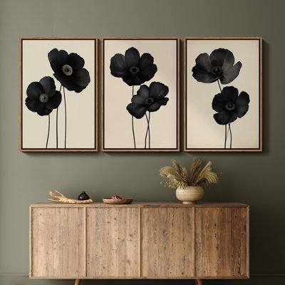 Elegant Black Floral Blossom Minimal Botanical 3 Pieces Framed Print Wall Art
