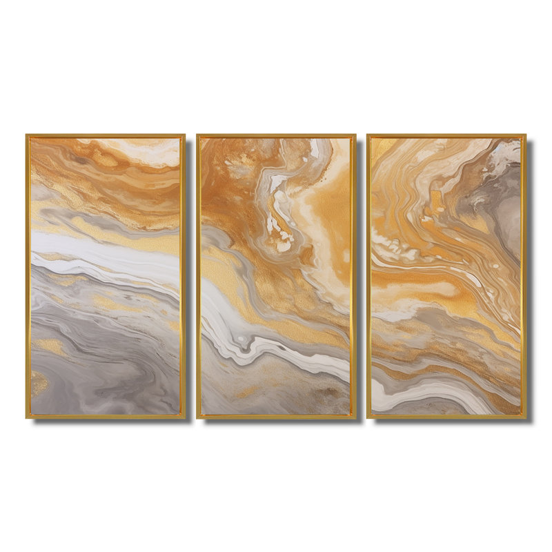 Ensemble de décorations murales en marbre gris subtil, Cadre flottant doré, H 32 po x l 48 po x P 1 po
