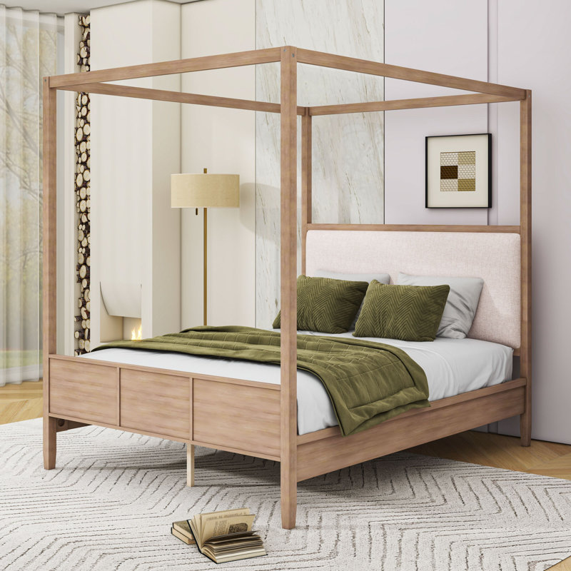 Lit plateforme à baldaquin en bois avec tête de lit tapissier, Grand lit, Noyer naturel