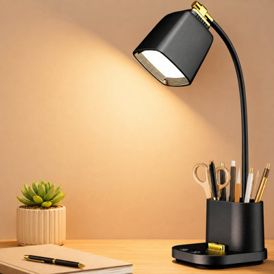 Gooseneck LED Desk Lamp with 2 USB Charging Ports, Built-In Storage Box and Compact Design for Dorm Study, Crafts, Reading or Work