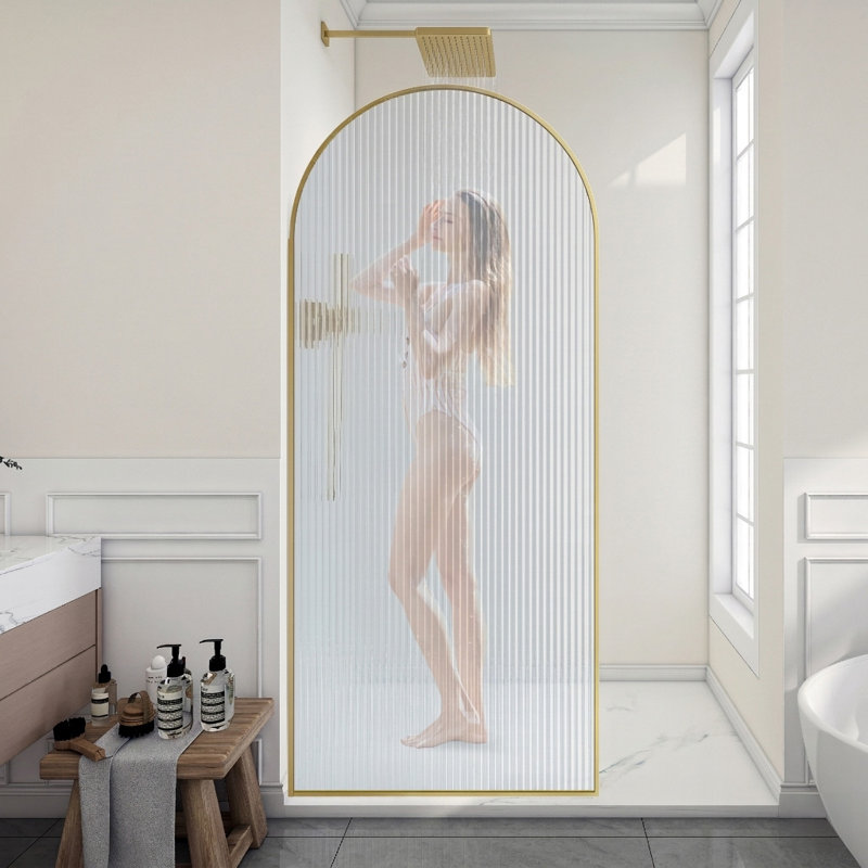 Ember Series 78 In. X 34 In. Framed Arch Fixed Shower Screen Door In Brushed Gold With 8Mm Tempered Fluted Glass, Fluted