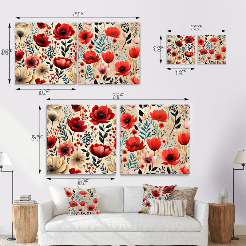 Aquarelle de coquelicots, motif floral rouge et blanc, H 16 po x l 33 po