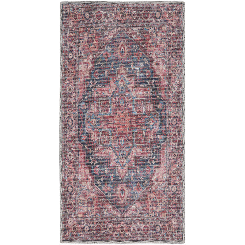 Machine Washable Oriental Blue/Brick Red Area Rug, Rectangle 2' x 3'9"