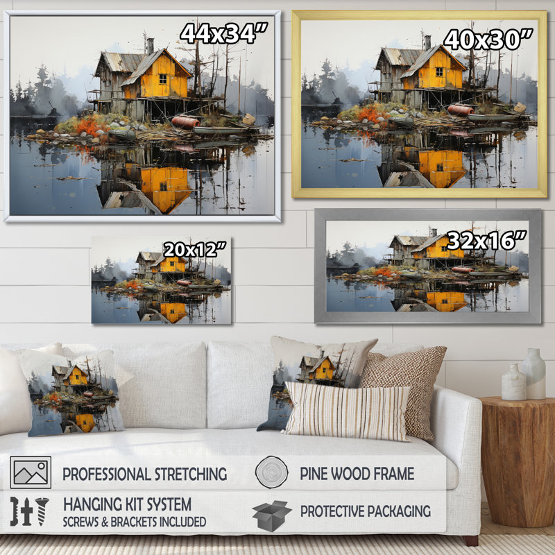 " Yellow Lakehouse Pier Reflections II ", Black Floater Framed, 16" H x 32" W x 1" D