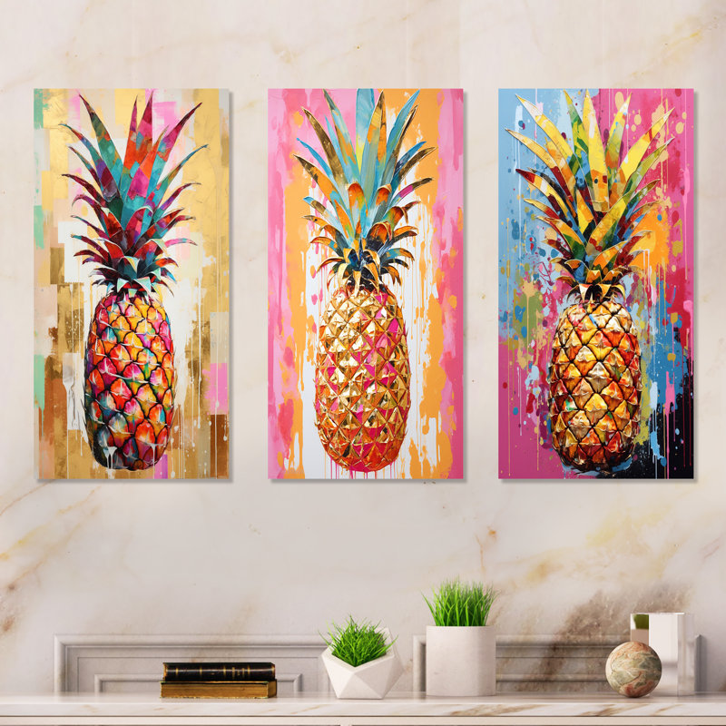 Golden Golden - Ananas géométrique - fruits, ensemble de 3 reproductions d'art en métal, H 28 po x l 36 po