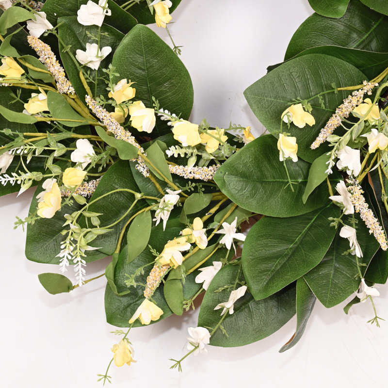 Couronne de 22 po Magnolia artificielle avec couronne de fleurs, verdure, feuillage, baies, printemps et été, Jaune