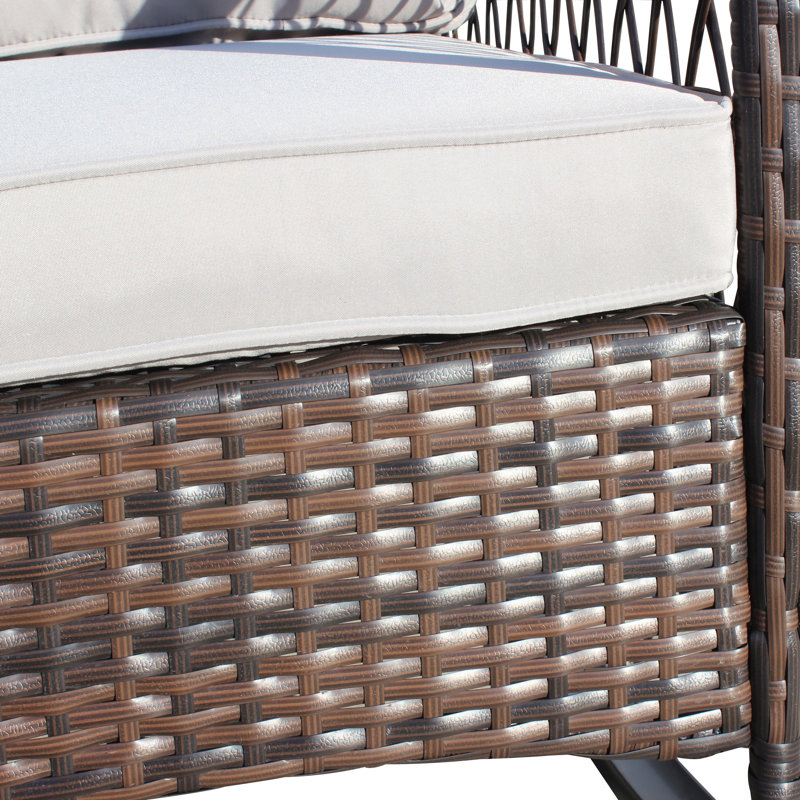 Outdoor Wicker Rocking Chair With Wide Seat, Thick, Soft Cushion, Rattan Rocker W/Steel Frame, High Weight Capacity For Patio, Garden, Backyard, Cushion