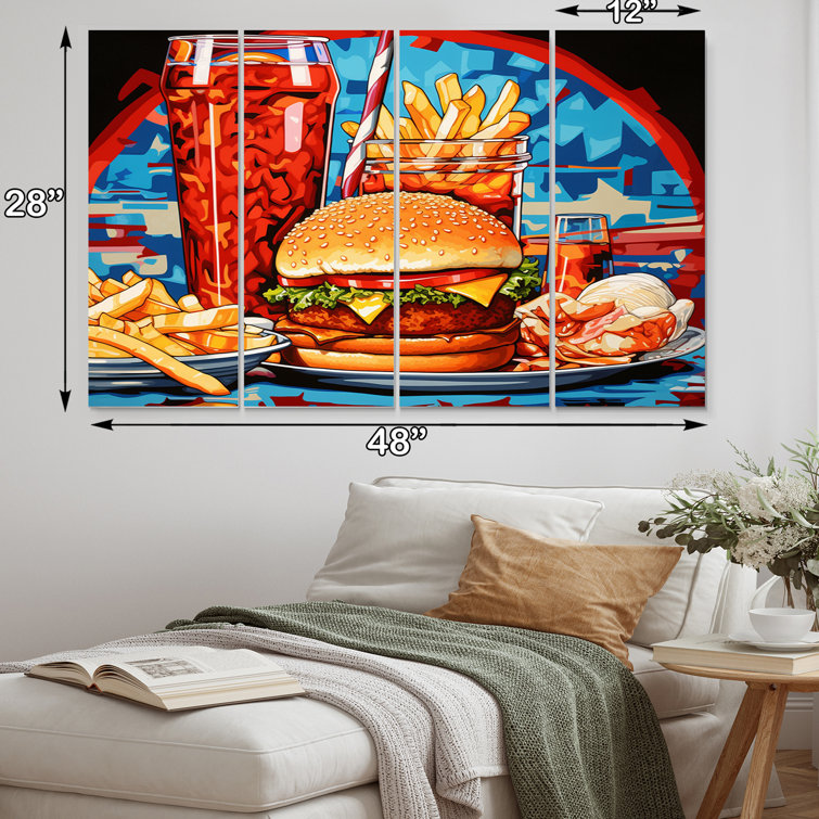 Ebern Designs Pop Art Fast Food Hamburger Meal I On Canvas 4 Pieces ...