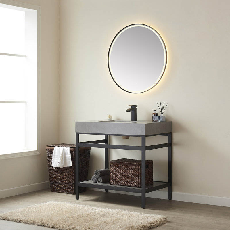36'' Single Bathroom Vanity with Stone Top, Limestone Slab Stone, Matte Black, Matte Black