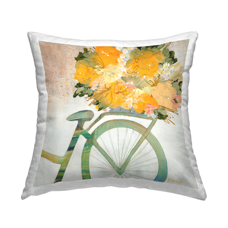 Vélo avec bouquet de fleurs orange, conception de coussin décoratif par Ruth Fromstein