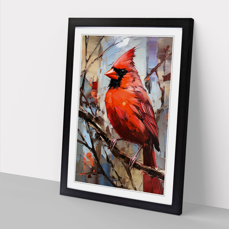 Cardinal Bird Gestural - Single Picture Frame Print on Wood, Black Framed, 34cm H x 25cm W x 2cm D