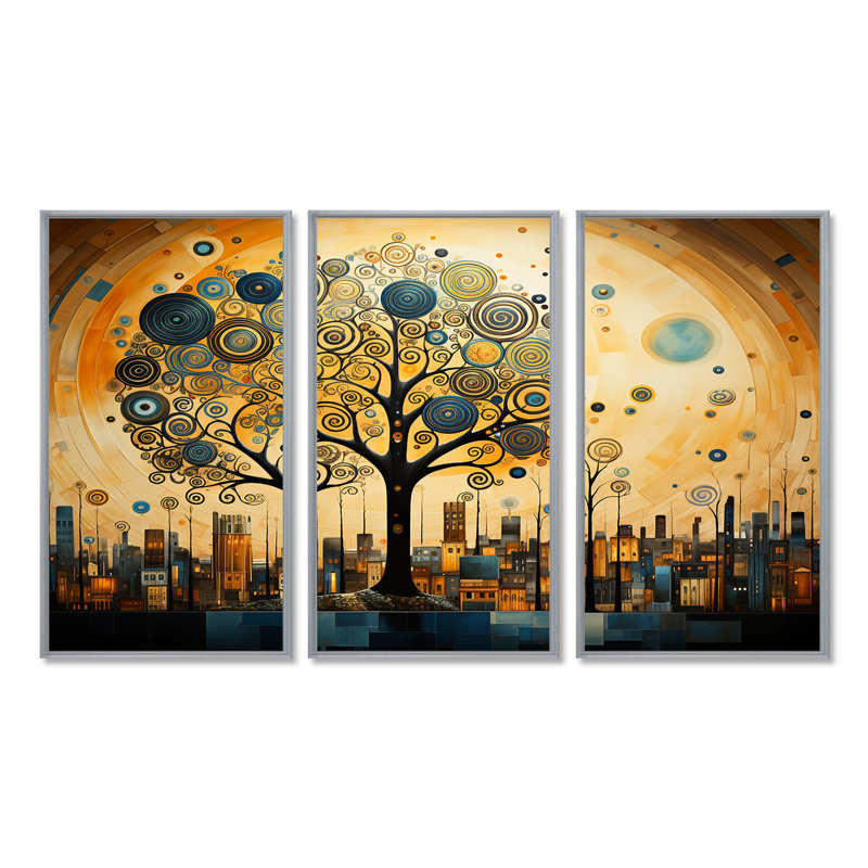 Art nouveau en spirale arbre Pittoresque Town II - ensemble de reproduction d'art mural arbre, Encadrement argenté