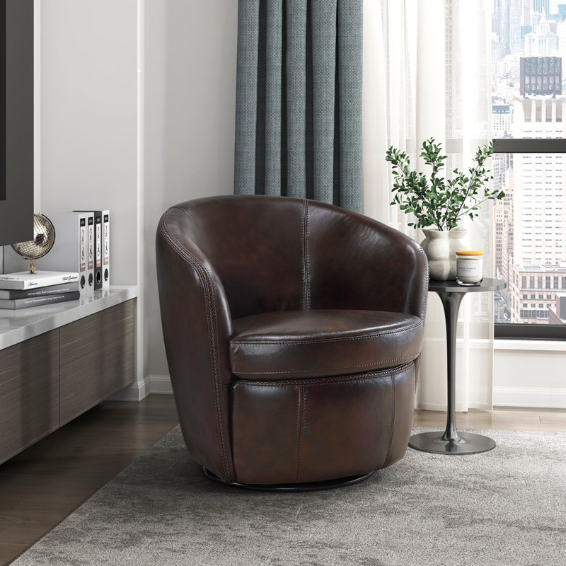 Chaise de salon de luxe avec fauteuil pivotant en cuir fleur, structure en bois massif et dossier en tonneau confortable
