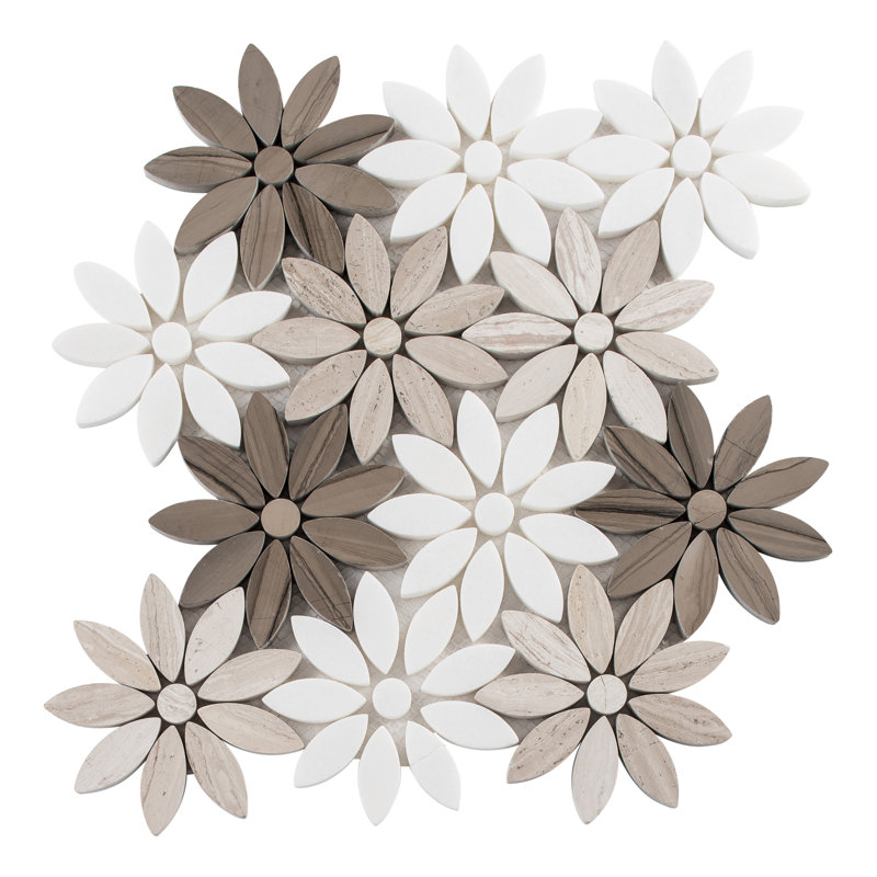 Fresh 12" x 10" Glass/Stone/Aluminum Flower Pattern Mosaic Wall Tile, Vloom