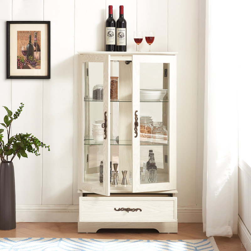 Vitrine en verre avec tablettes réglables - Vitrine élégante à 2 portes et tiroir intégré, ampoule incluse, Blanc