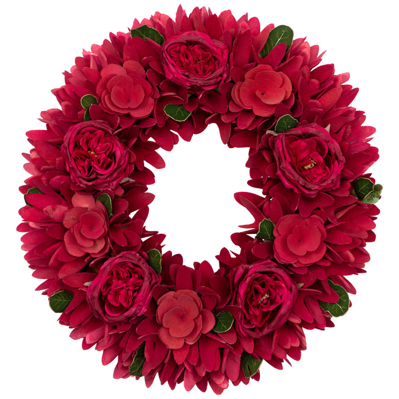 Rose Floral Wooden Spring Wreath - 14" - Fuchsia Pink