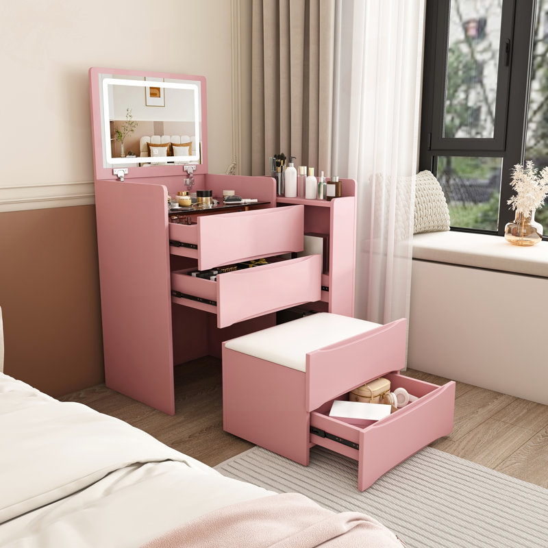 Bureau de meuble-lavabo à miroir 3 en 1 avec DEL réglable et plateau latéral, Rose