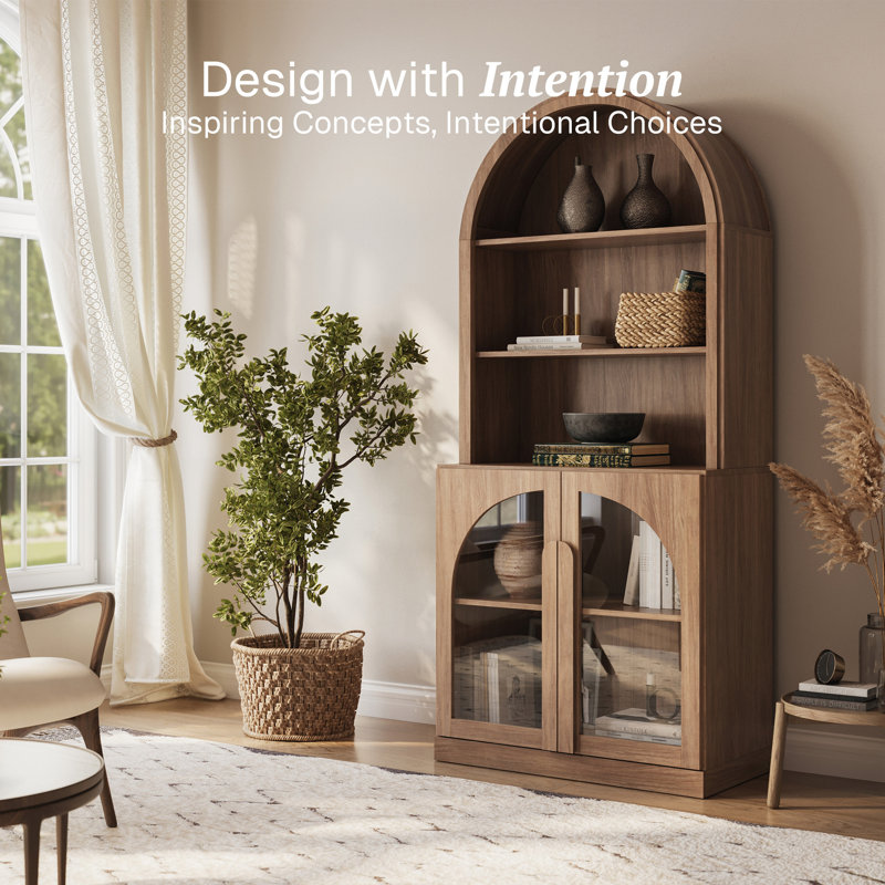 71" Tall Arched Bookshelf with Glass Doors, Camel, Camel