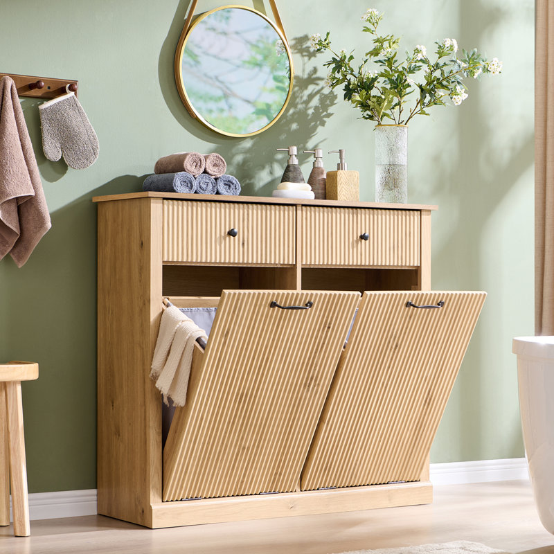 Armoire à paniers à linge avec tiroirs, panier à linge cannelé pour salle de bain Modern, Naturel, Double Door