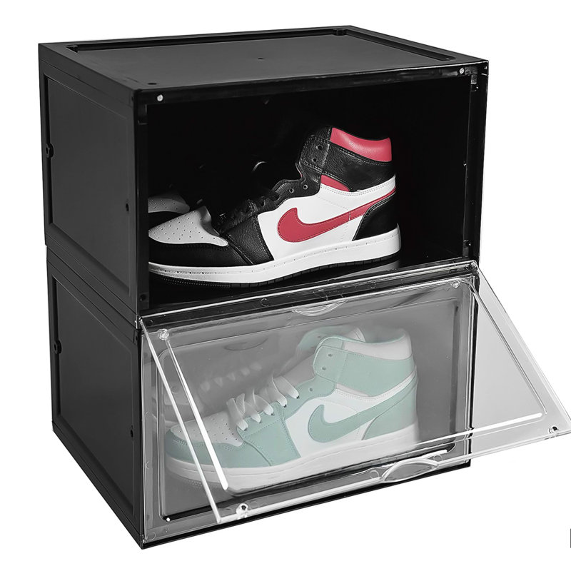 Mexia Stackable Magnetic Shoe Box Sneaker Storage Organizer With LED Light(Set Of 6), Black