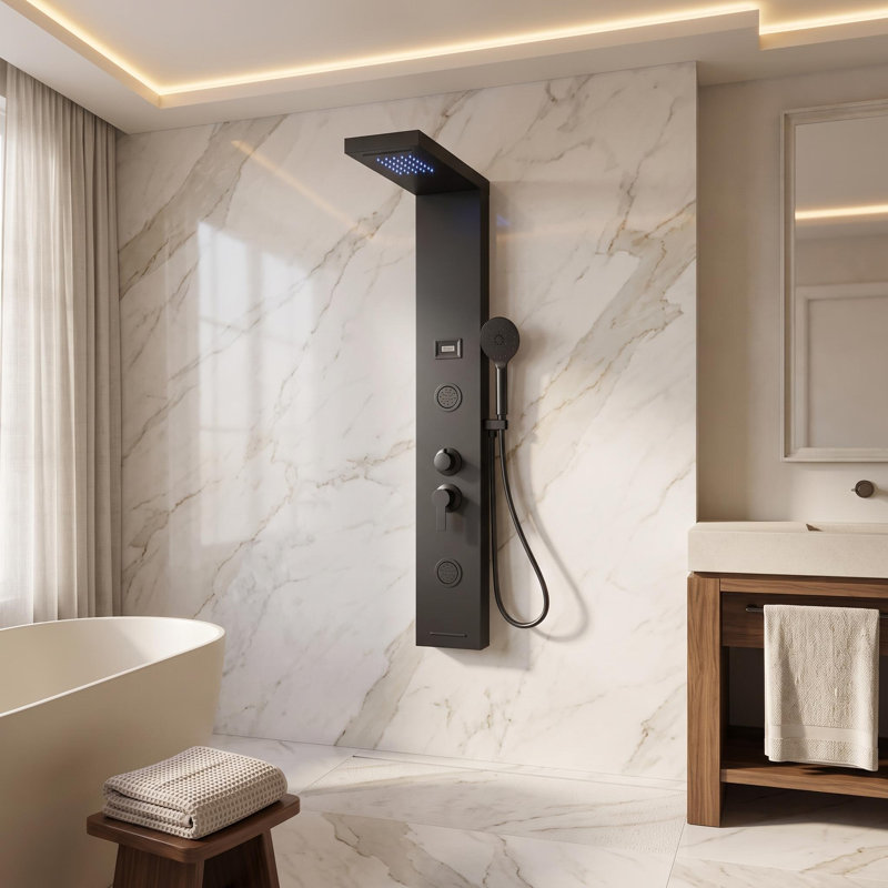 52,0 po x 10,6 po x 8,1 po. 18,5 lb. Système de panneau de douche en acier inoxydable 304 avec lumière DEL alimentée à l'eau et contrôle de la température avec douche à main à trois fonctions pour salle de bain noir élégant
