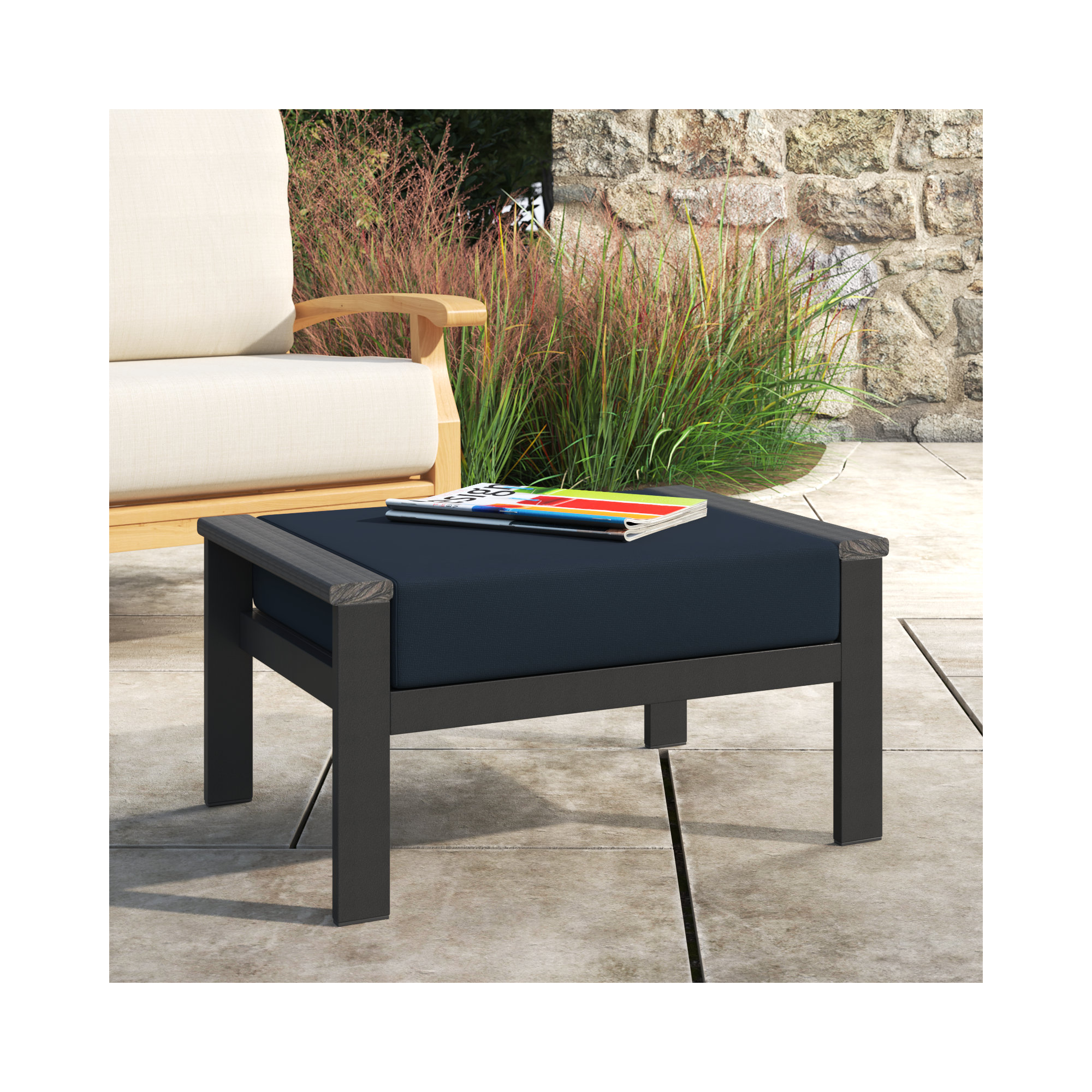 Townsend Outdoor Ottoman with Sunbrella Cushions, Canvas Navy Sunbrella® Canvas