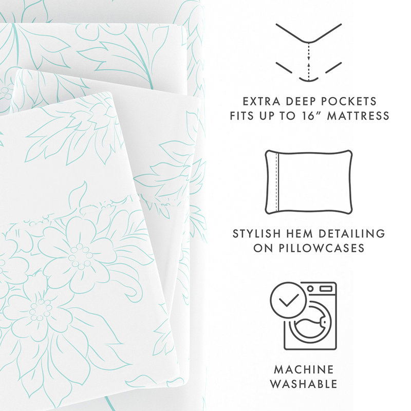Aqua Floral Queen Microfiber Sheet Set