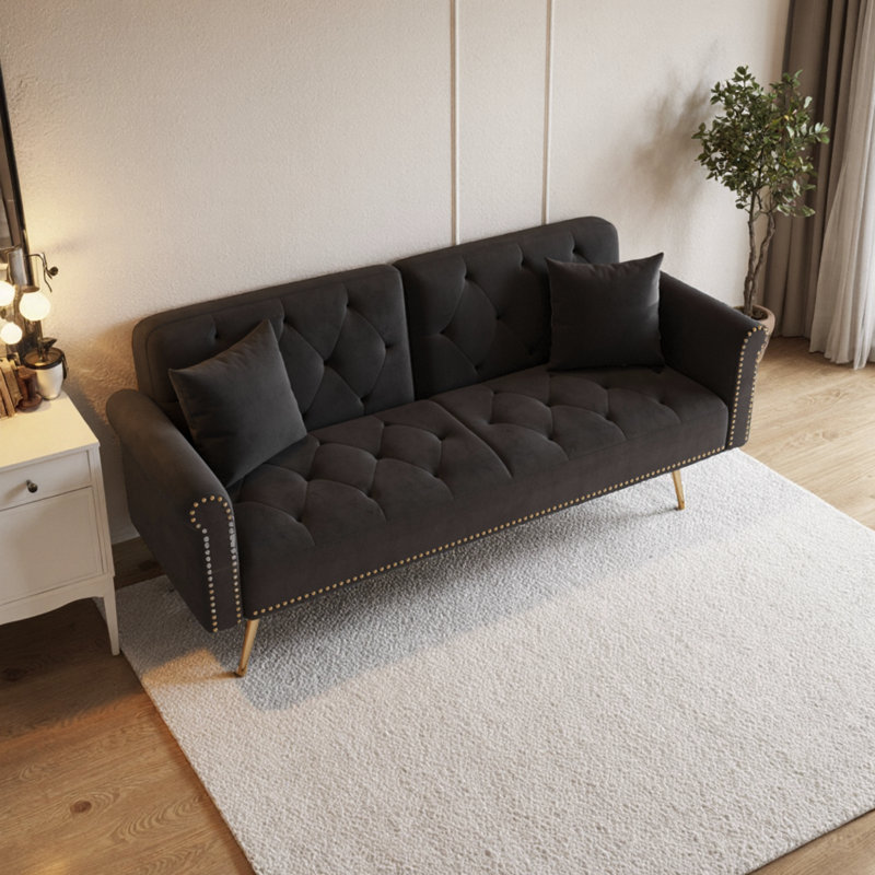 Canapé-lit 70 po en velours de luxe avec garniture cloutée - Canapé-lit pliable avec coussin pour petits espaces, Noir
