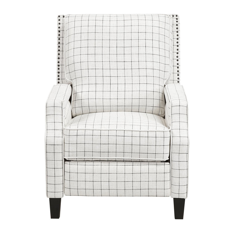 , Fauteuil inclinable par pression, style transitionnel, structure en bois massif, rembourrage en mousse sur les ressorts ensachés, revêtement texturé, décoration cloutée, dossier amovible, capacité de 300 lb, espaces de vie