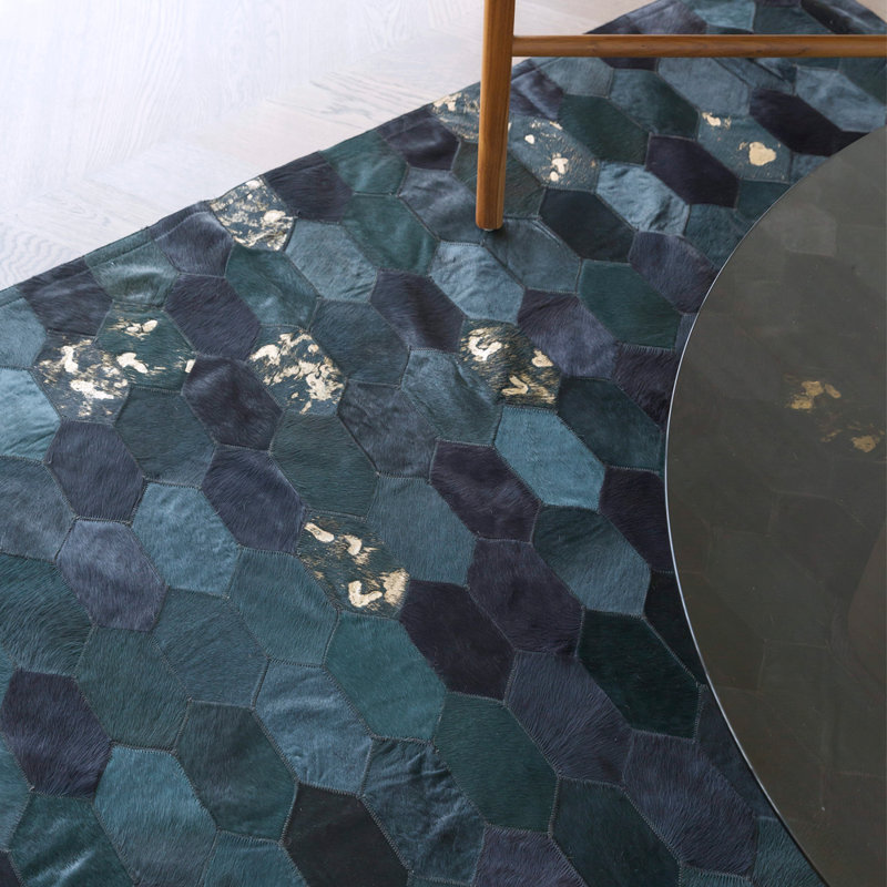 HANDPICKED BY ART HIDE Cowhide Geometric Area Rug in Dark Teal, Rectangle 5'9" x 6'7"