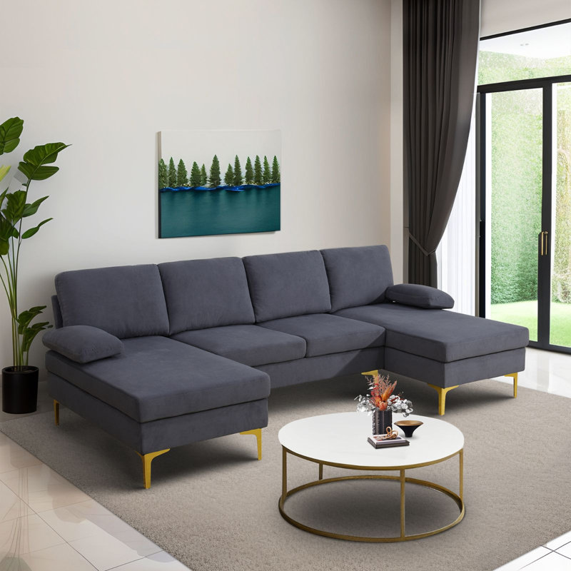 Dark Grey Symmetrical Double Chaise,110" Wide U-Shaped Sectional Sofa with Double Chaises and Gold Metal Legs,  Textured Fabric