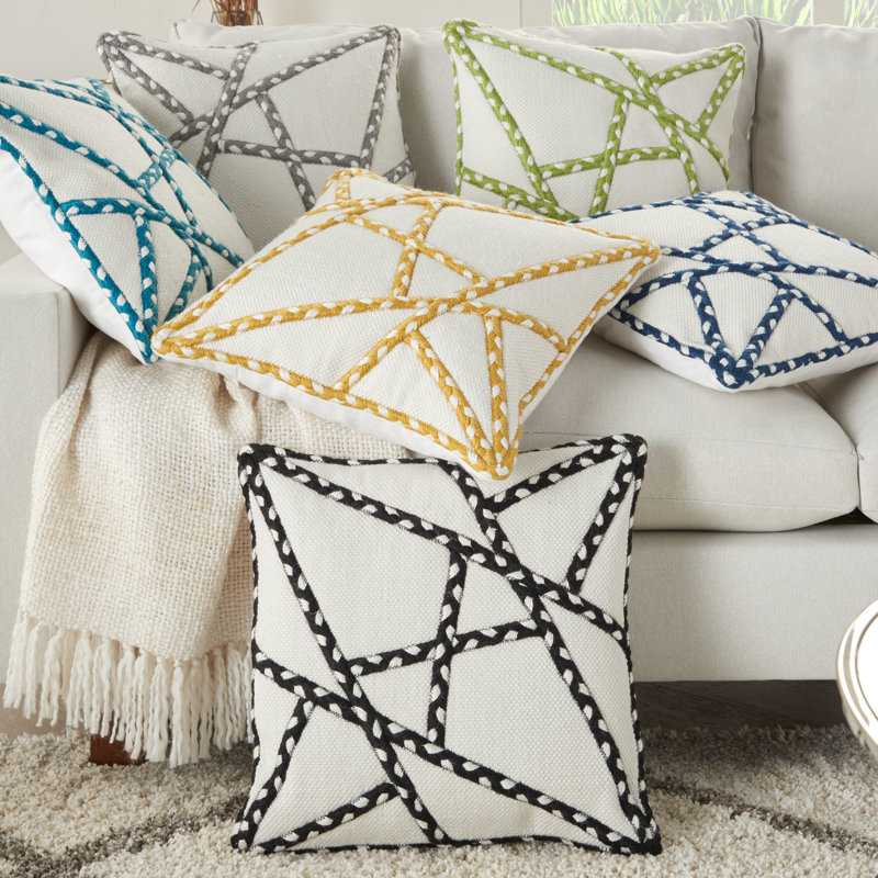 Gray and Ivory Geometric Embroidered 18" Square Throw Pillow