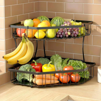 2-Tier Diamond Corner Fruit Basket with Banana Hooks, Rust-Proof Stainless Steel Produce Organizer with Wooden Handle