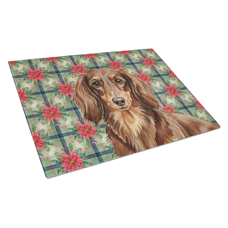 Planche à découper en verre à poils longs de Noël avec teckel brun et poils longs