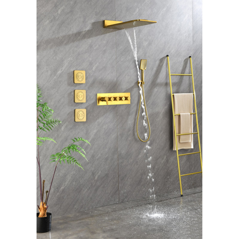 Système de douche mural en laiton, 3 jets pour le corps et système portable de type or naturel avec impression de pluie