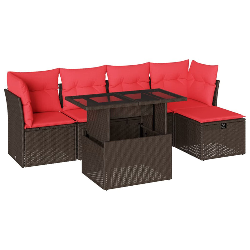  Ensemble de canapé de patio 6 pièces avec coussins en rotin de polyester, Rouge, Brun