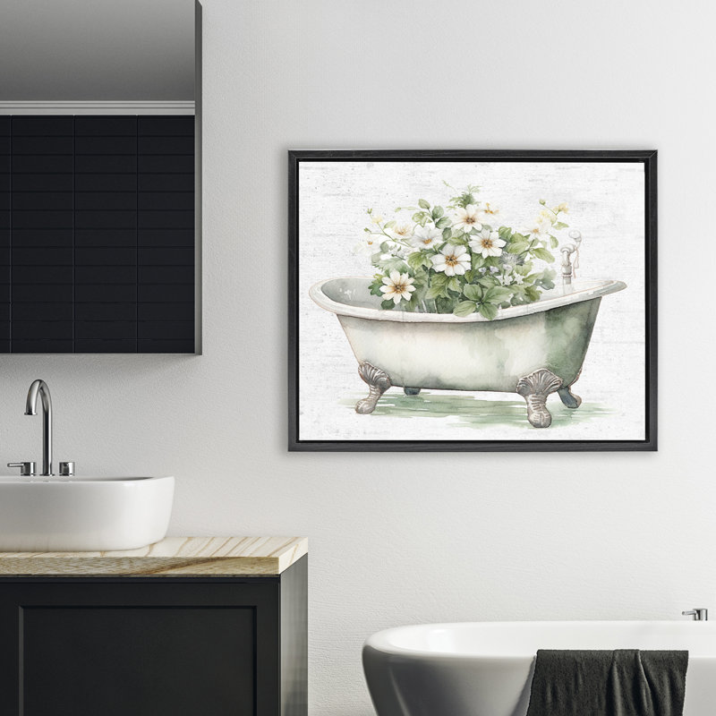 Baignoire Boho avec cadre flottant marguerites, design par lettré et doublé, H 25 po x l 31 po, Cadre flottant noir de jais