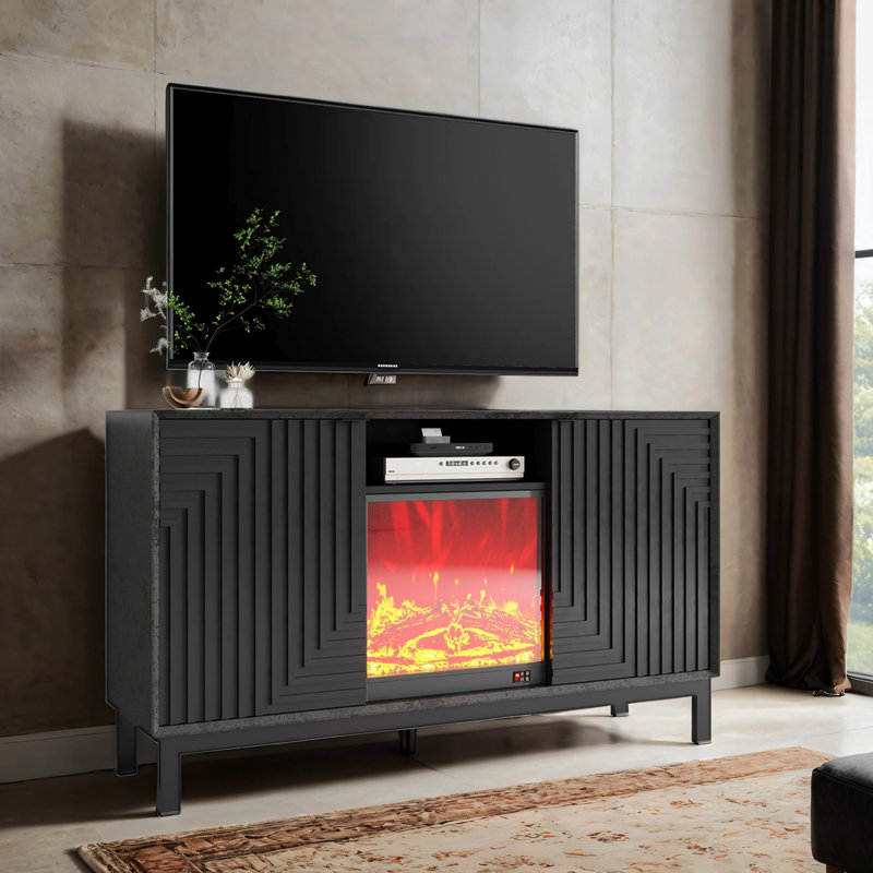 Meuble télé avec foyer électrique de 18 po, meuble télé Mid-Century avec tiroir et tablette, console multimédia pour le salon