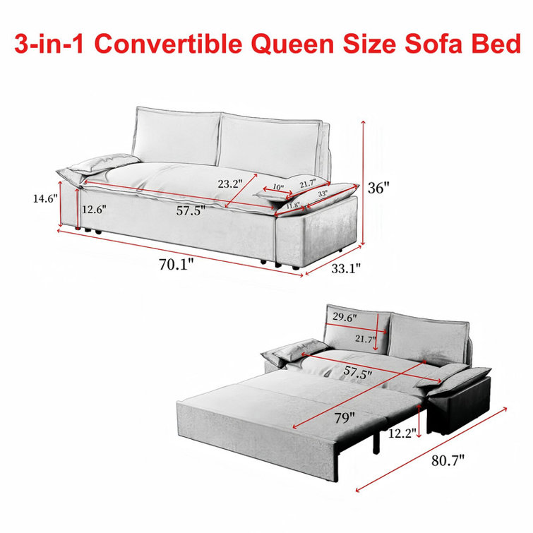 70.1" Queen Pull Out Sofa Bed with 2 Soft Pillows-Multi-Functional and Stylish Velvet Loveseat