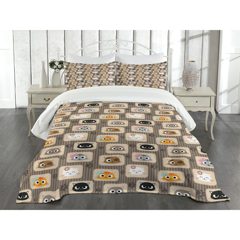 Ambesonne Cat Bedspread Set Patchwork Style Silly Faces Multicolor, King Bedspread + 2 Standard Shams