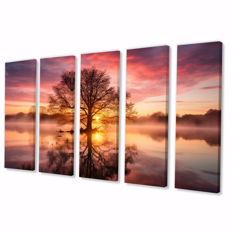 Arbre majestueux dans la montagne, coucher de soleil I - Lake Wall Art Living Room - 5 panneaux égaux