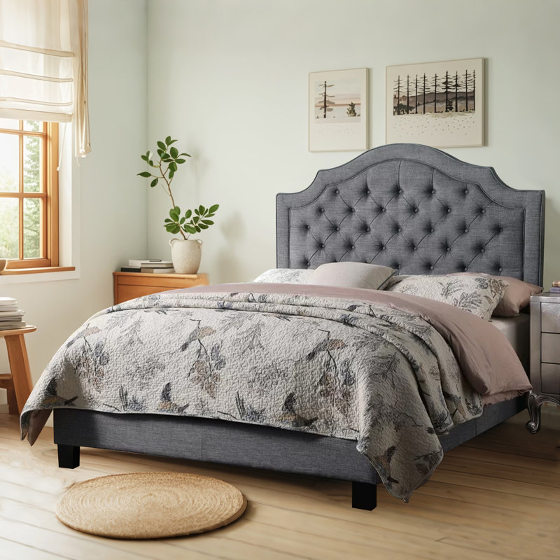 Linen Upholstered Bed with Adjustable Headboard and Button Tufting, Gray, King