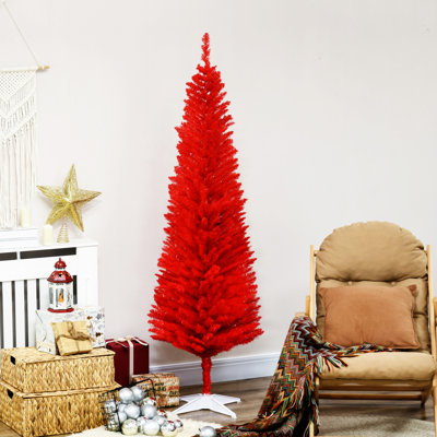 Arbre de Noël artificiel, arbre de Noël mince avec 390 branches réalistes et support en plastique, rouge