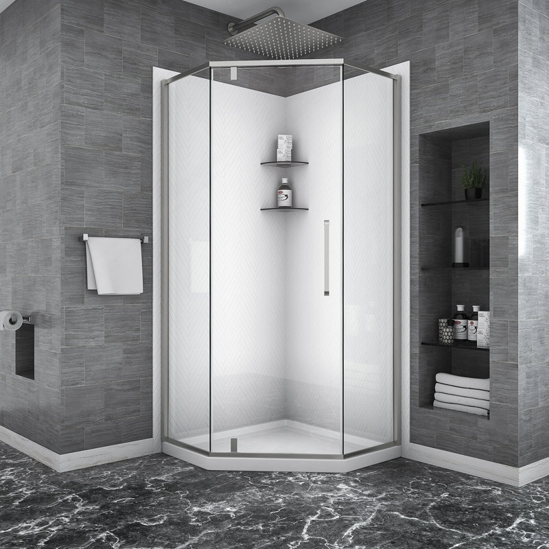 Cabine de douche à charnière néo-angle à demi-cadre 34 1/8 po x 72 po, argent brossé 5/16 po (8 mm)