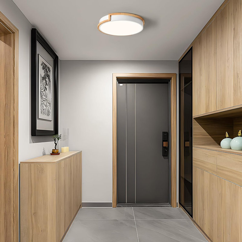 Modern LED Close To Ceiling Light, Round Flush Mount Ceiling Lighting Fixture, Matte White With Wood Accent, Minimalist Kitchen Light Fixtures For Bedroom, Entryway, Living Room