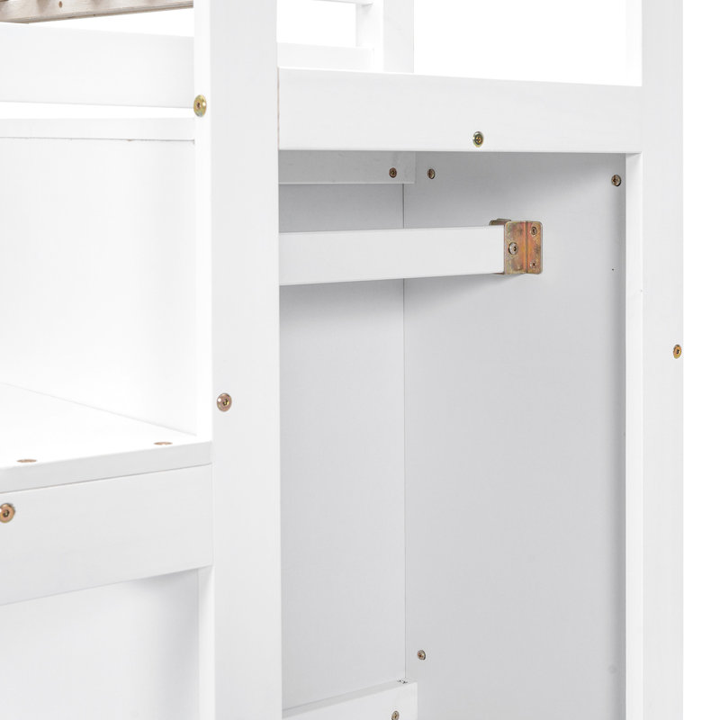 Lit mezzanine double blanc avec rangement intégré et escalier - Fabrication en bois de pin robuste pour garde-robe encastrée