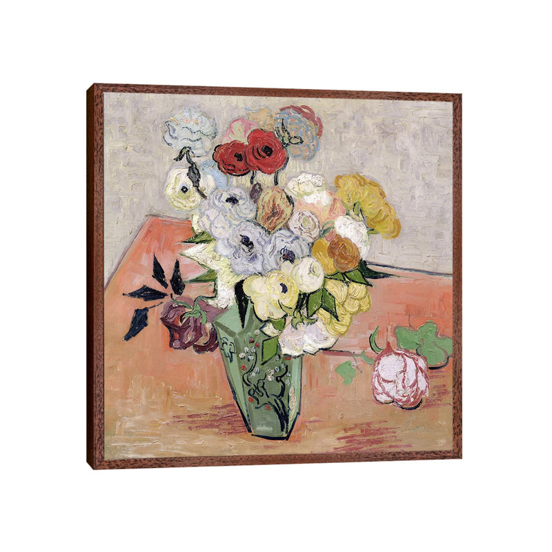 Japanese Vase With Roses And Anemones, 1890 by Vincent Van Gogh - Painting on Canvas, Brown Framed, 93.98 cm H x 93.98 cm W